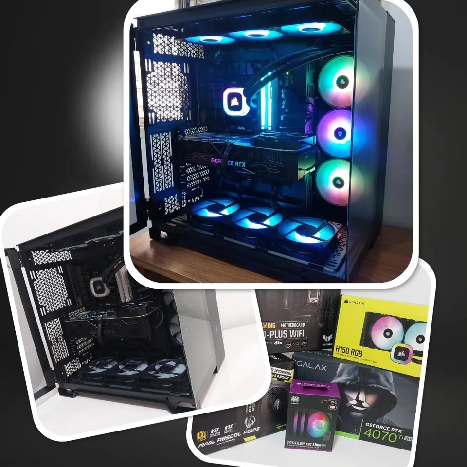 Colagem publicada pela D&M com um PC gamer montado, iluminação RGB, placa GeForce RTX e as caixas das peças usadas